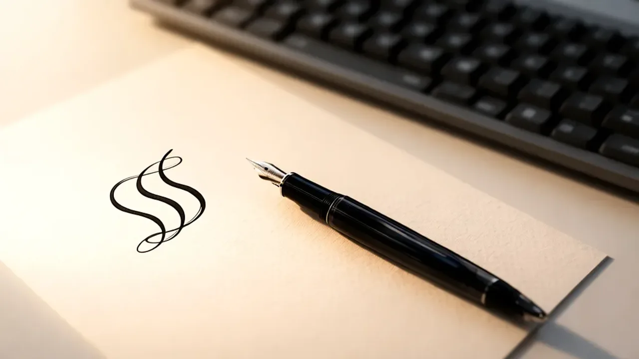 Jak napisać paragraf ręcznie, wpisać symbol § i zrobić znak na klawiaturze Elegancki symbol paragrafu § narysowany piórem na papierze, ilustrujący jak napisać paragraf ręcznie w profesjonalnym biurze.