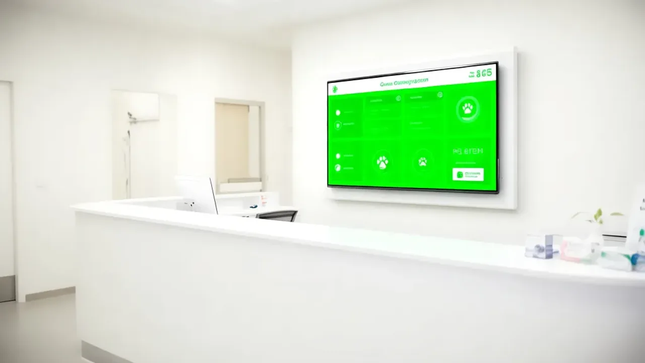 Kto kiedy przyjmuje na zielonym? Praktyczny przewodnik weterynaryjny Cyfrowy wyświetlacz systemu kolejkowego w nowoczesnej klinice weterynaryjnej informujący o tym, kto kiedy przyjmuje na zielonym.