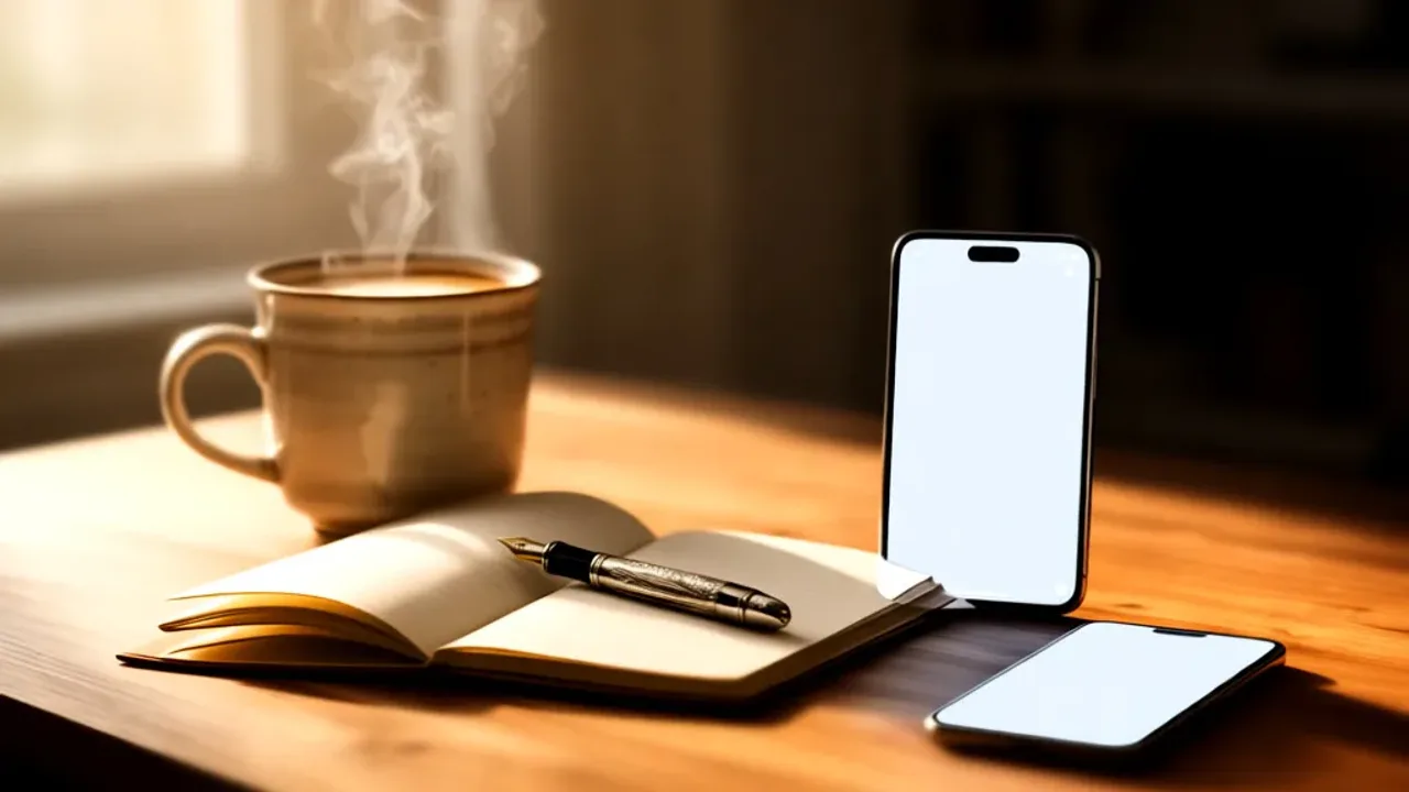 Mądre pozdrowienia na środę: inspirujące powitania na dzień dobry Eleganckie biurko z kubkiem kawy i smartfonem wyświetlającym mądre pozdrowienia na środę w słoneczny poranek.