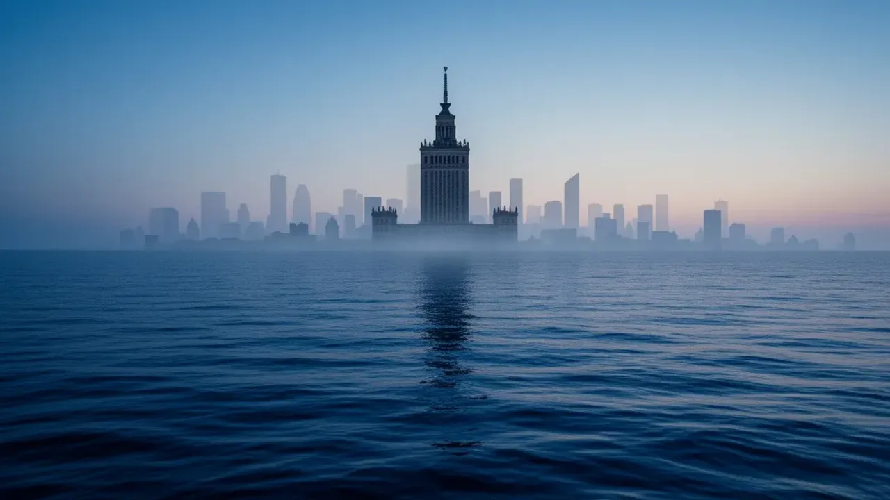Morze sennik: co oznacza spokojne morze i sztorm we śnie? Symboliczne spokojne morze z panoramą Warszawy w nocy jako ilustracja do artykułu morze sennik.