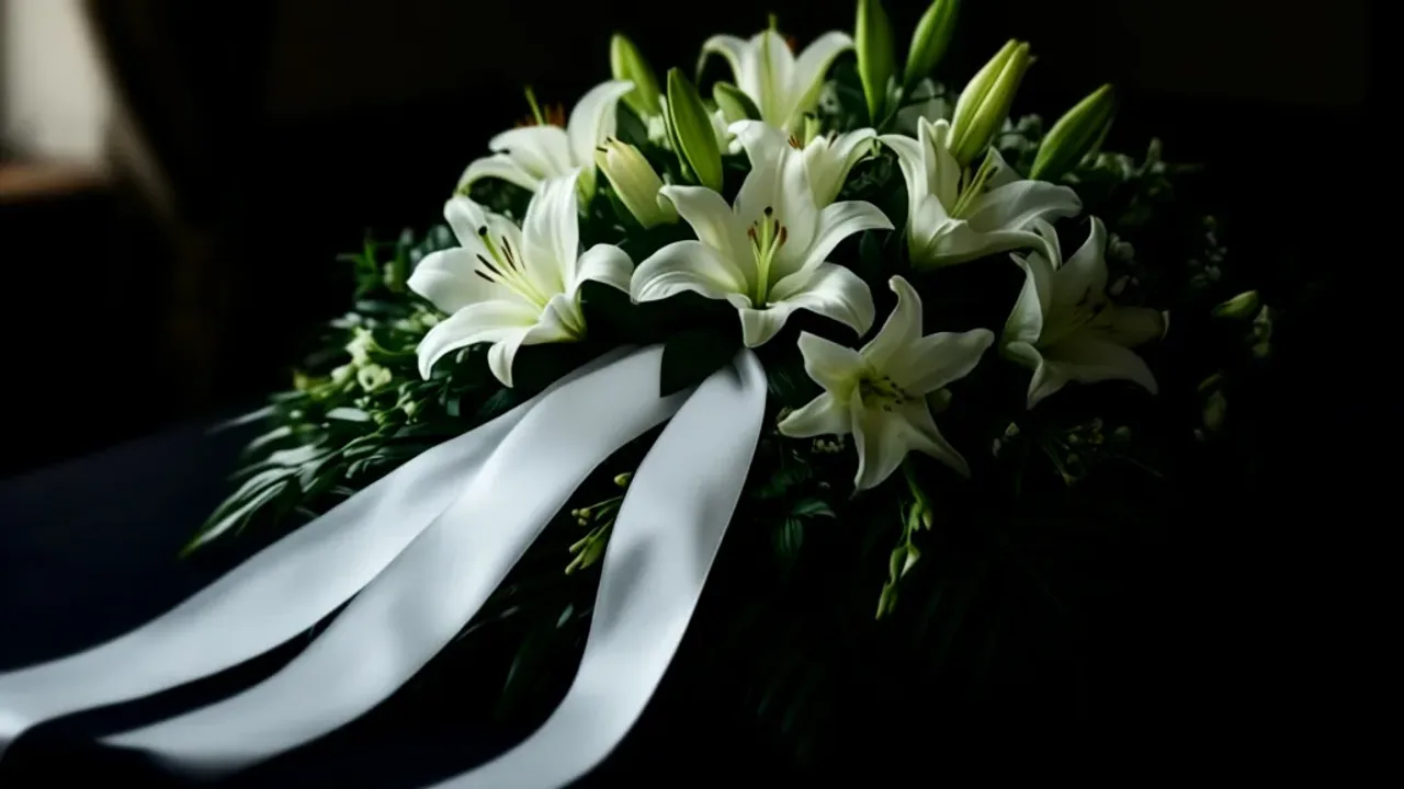 Napis na szarfie pogrzebowej cytaty: praktyczne sentencje na pożegnania Elegancki wieniec pogrzebowy z białych lilii oraz napis na szarfie pogrzebowej cytaty umieszczony na czarnej wstążce.