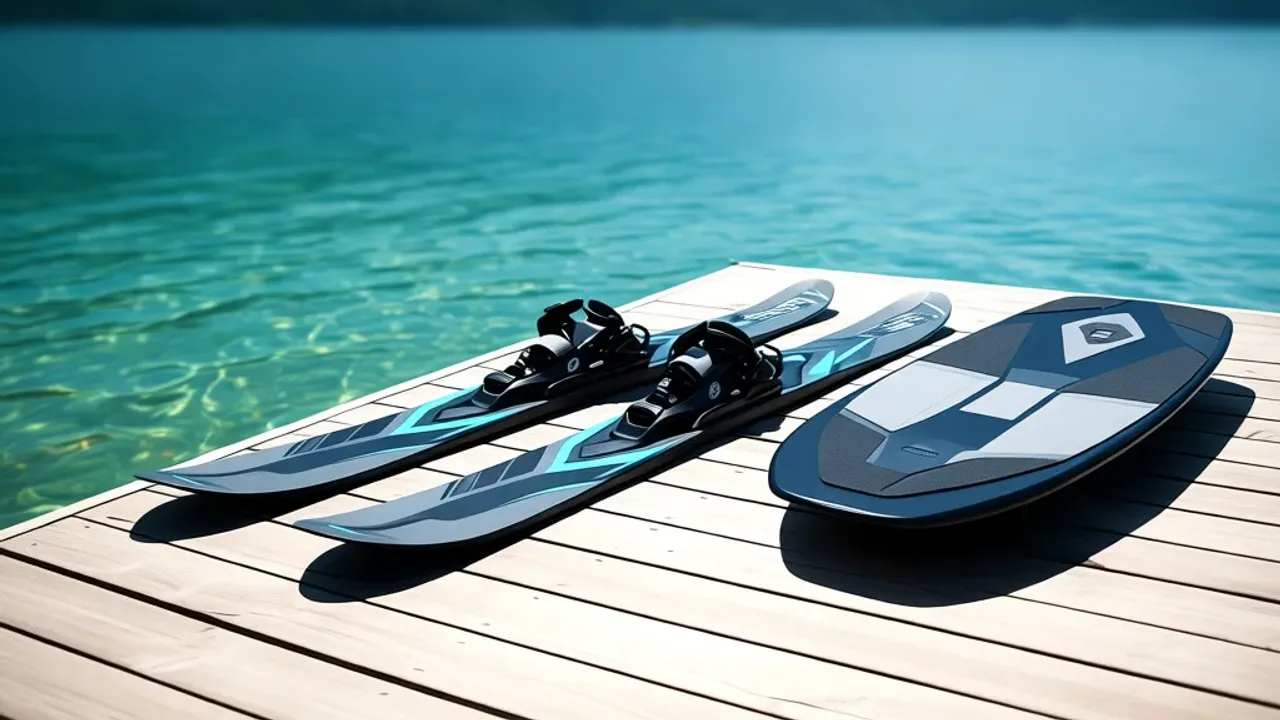 Narty wodne: sprzęt, wyciąg, wakeboard i narciarstwo wodne – kompletny sport Nowoczesne narty wodne oraz wakeboard leżące na drewnianym pomoście nad jeziorem.