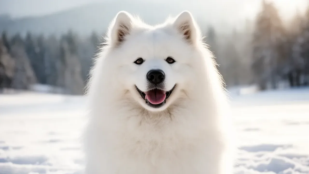 Samoyed ile żyje? Opis rasy samojed syberyjski – uśmiechnięty pies szpica Zdrowy i szczęśliwy pies rasy samoyed na tle zimowego krajobrazu, prezentujący witalność rasy w kontekście tematu samoyed ile żyje.