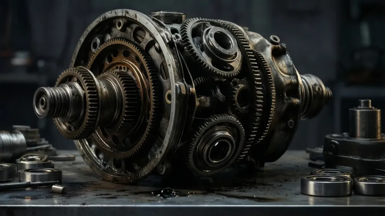 Uszkodzony dyfer objawy: awaria mechanizmu różnicowego BMW i naprawa Otwarty mechanizm dyferencjału w warsztacie samochodowym obrazujący uszkodzony dyfer objawy w postaci zużytych kół zębatych i opiłków metalu w oleju.
