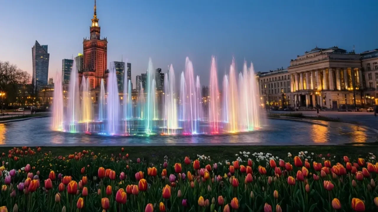 Warszawa 1 maja 2025: Majówka 2025 w Warszawie – 1-3 maja wydarzenia Widowisko multimedialne w Parku Fontann podczas wydarzenia Warszawa 1 maja.