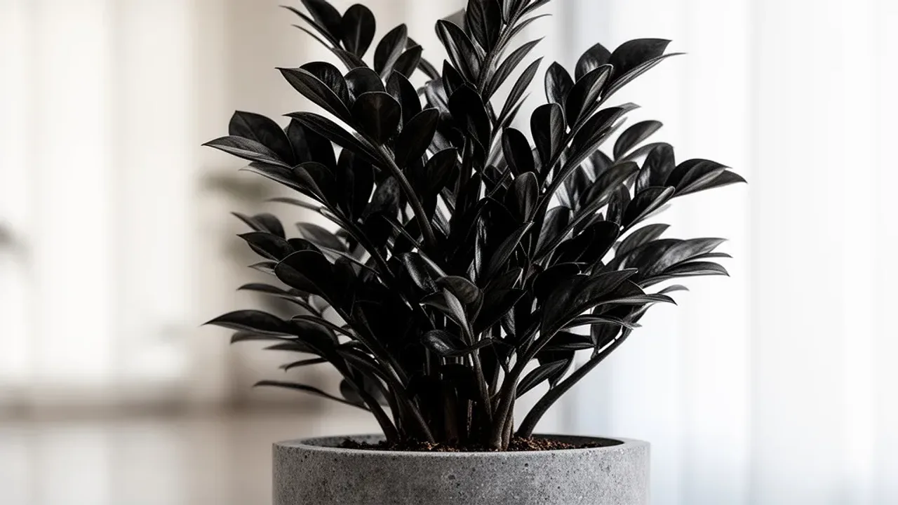 Zamiokulkas supernova: Zamioculcas zamiifolia i zamiokulkas zamiolistny Zdjęcie zamiokulkas supernova z błyszczącymi, niemal czarnymi liśćmi w nowoczesnym wnętrzu.
